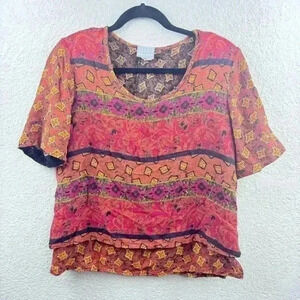 Vintage 80’s/90’s Pattern Orange Brown Women’s Blouse Flowy Boxy - Size 14